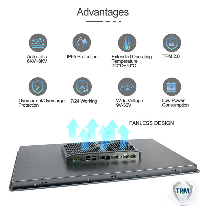 24" Industrial Touchscreen Panel PC, IP65 Waterproof, i3-8145U, Fanless, 1920x1080